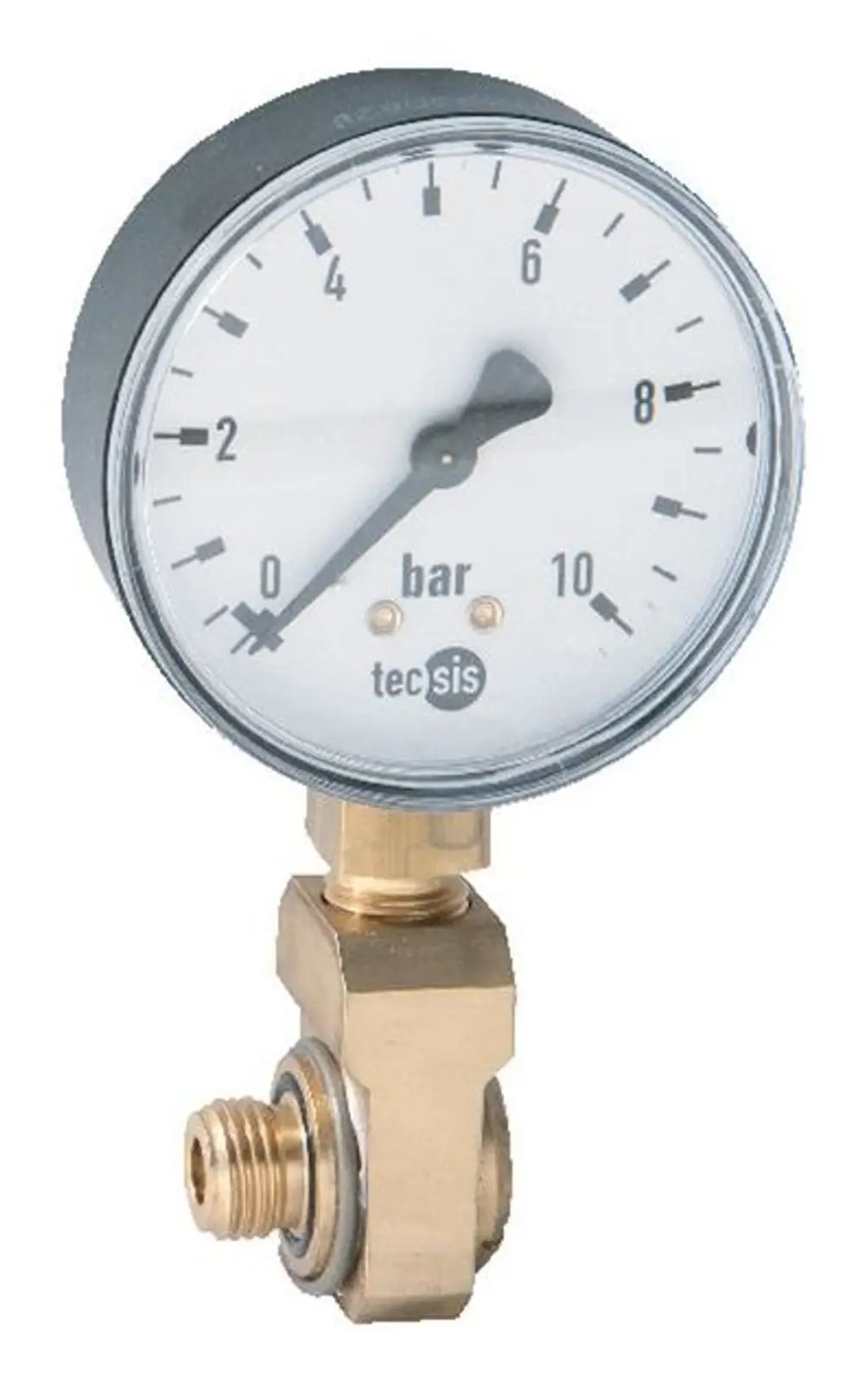 Manometer von Syr mit einem analogen Ziffernblatt, das Druckwerte bis 10 bar anzeigt; angeschlossen über einen Winkelanschluss in Metall.